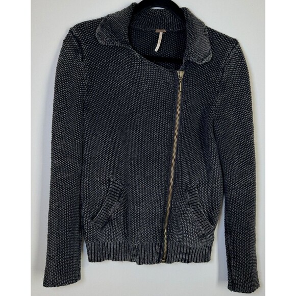Free People Womens Small Gray Textured Knit Moto Sweater Jacket Cotton Zip Up - Picture 1 of 16